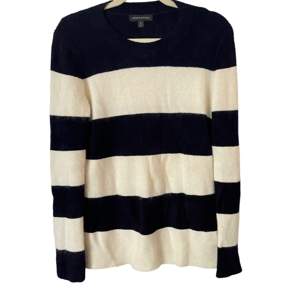 Banana‎ Republic Mohair Wool Chenille Blend Navy White Striped Sweater - Picture 4 of 8